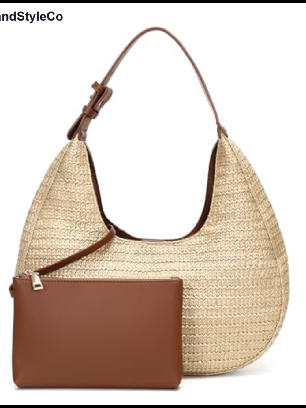 Straw Hobo Shoulder Bag with PU Leather Trim and Matching Pouch